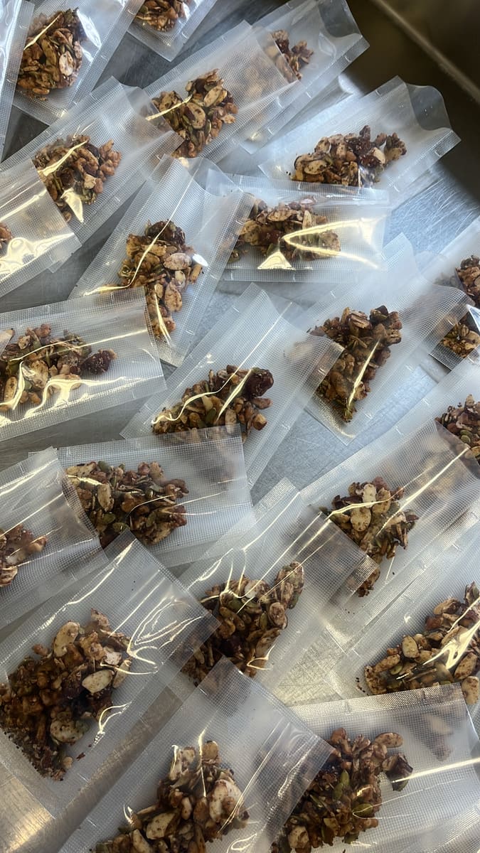 Individually air-sealed granola servings laid out for freshness
